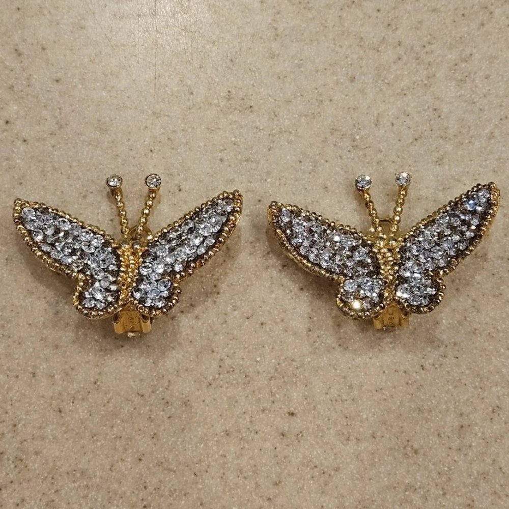 RARE HAUTE COUTURE DESIGNER SIMAN TU BUTTERFLY CRYSTAL GOLD STATEMENT EARRINGS